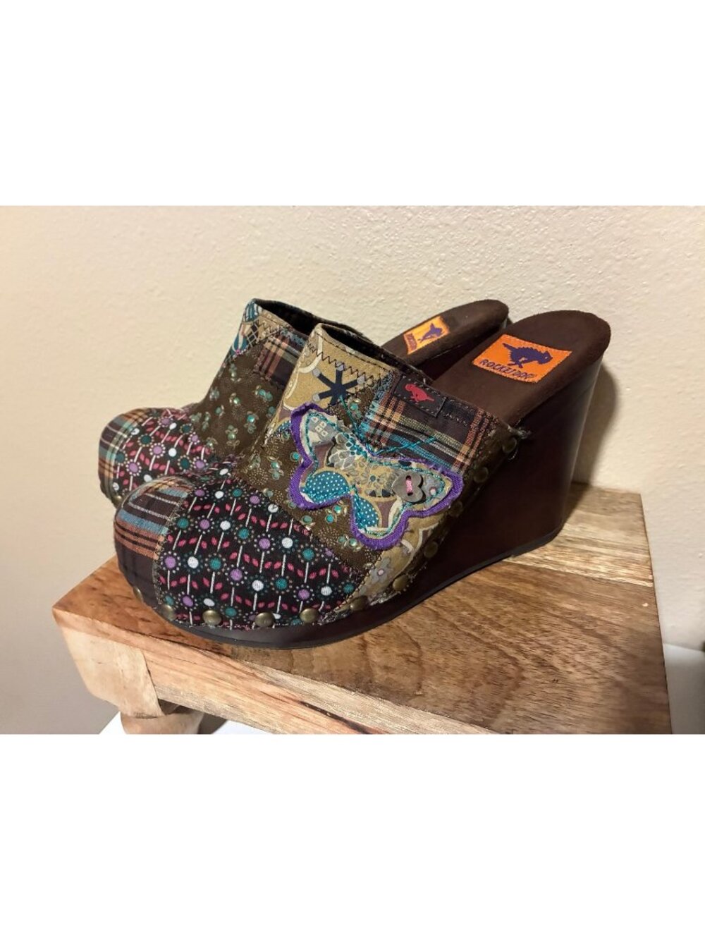 Vintage Y2K Rocket Dog Women's Brown Wedge Butterfly Patchwork Clog Shoes Size 9